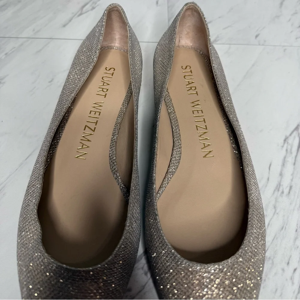 Stuart Weitzman Pointy Toe Gold Sliver Glitter Flat 8B